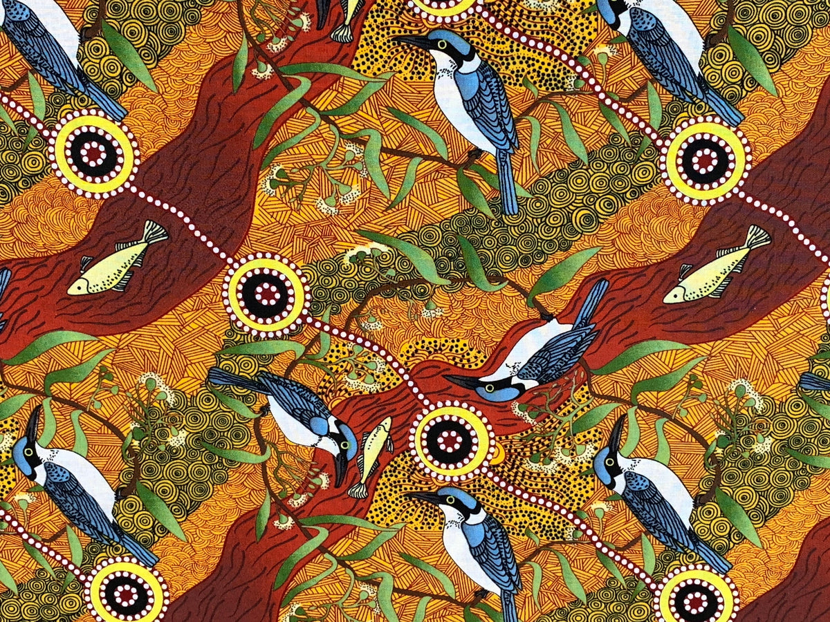 Australian Aboriginal Cotton Quilting Fabric by the YARD. M&S Textiles Kingfisher Camp By The River Yellow. For sewing, apparel, home decor.