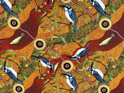Australian Aboriginal Cotton Quilting Fabric by the YARD. M&S Textiles Kingfisher Camp By The River Yellow. For sewing, apparel, home decor.