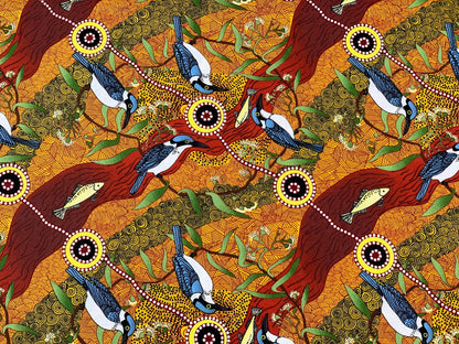 Australian Aboriginal Cotton Quilting Fabric by the YARD. M&S Textiles Kingfisher Camp By The River Yellow. For sewing, apparel, home decor.