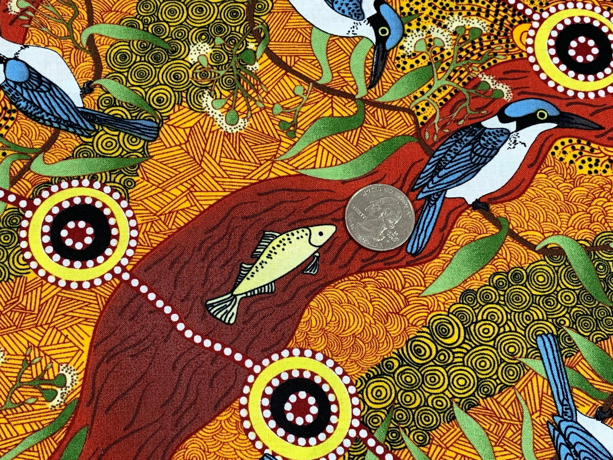 Australian Aboriginal Cotton Quilting Fabric by the YARD. M&S Textiles Kingfisher Camp By The River Yellow. For sewing, apparel, home decor.
