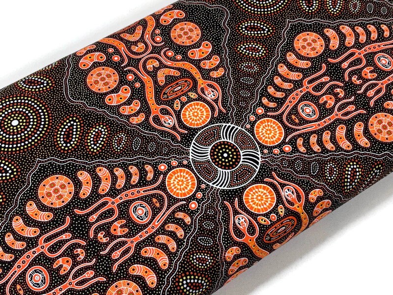 Australian Aboriginal Cotton Quilting Fabric by the YARD. M&S Textiles Spirit People 2 Orange. For sewing, quilting, apparel, home decor.