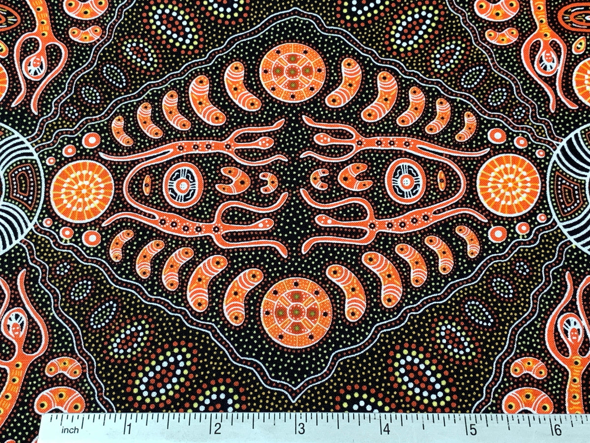 Australian Aboriginal Cotton Quilting Fabric by the YARD. M&S Textiles Spirit People 2 Orange. For sewing, quilting, apparel, home decor.