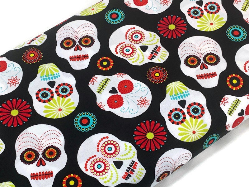 Day of the Dead Sugar Skull Fabric in Red, Turquoise, and Lime. Halloween Fabric Sold by the YARD. 100% Cotton for Apparel & Home Decor.