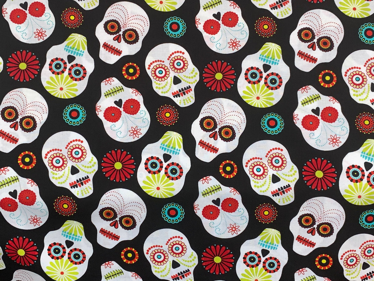 Day of the Dead Sugar Skull Fabric in Red, Turquoise, and Lime. Halloween Fabric Sold by the YARD. 100% Cotton for Apparel & Home Decor.