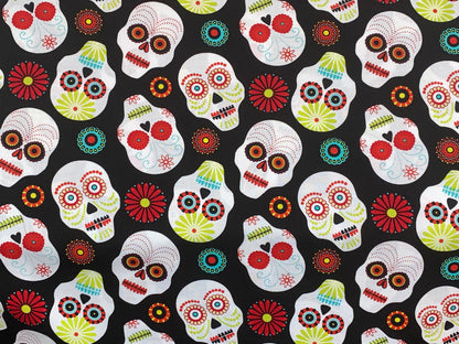 Day of the Dead Sugar Skull Fabric in Red, Turquoise, and Lime. Halloween Fabric Sold by the YARD. 100% Cotton for Apparel & Home Decor.