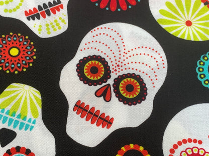 Day of the Dead Sugar Skull Fabric in Red, Turquoise, and Lime. Halloween Fabric Sold by the YARD. 100% Cotton for Apparel & Home Decor.