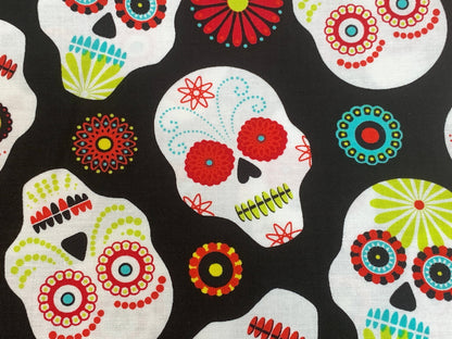 Day of the Dead Sugar Skull Fabric in Red, Turquoise, and Lime. Halloween Fabric Sold by the YARD. 100% Cotton for Apparel & Home Decor.
