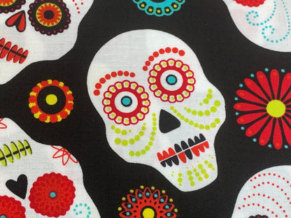 Day of the Dead Sugar Skull Fabric in Red, Turquoise, and Lime. Halloween Fabric Sold by the YARD. 100% Cotton for Apparel & Home Decor.