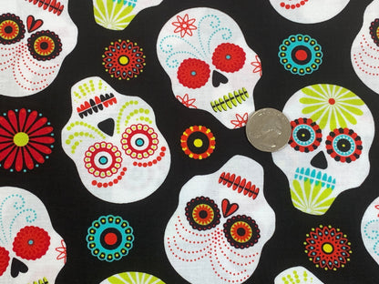 Day of the Dead Sugar Skull Fabric in Red, Turquoise, and Lime. Halloween Fabric Sold by the YARD. 100% Cotton for Apparel & Home Decor.