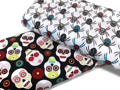 Day of the Dead Sugar Skull Fabric in Red, Turquoise, and Lime. Halloween Fabric Sold by the YARD. 100% Cotton for Apparel & Home Decor.