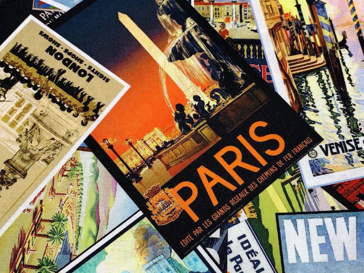International Big City Postcards Fabric Sold by the YARD. New York/Paris/London/Milan/Chicago/Venice. 100% Cotton for Quilting, Home Decor.