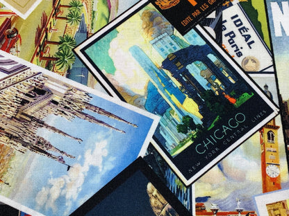 International Big City Postcards Fabric Sold by the YARD. New York/Paris/London/Milan/Chicago/Venice. 100% Cotton for Quilting, Home Decor.