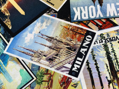 International Big City Postcards Fabric Sold by the YARD. New York/Paris/London/Milan/Chicago/Venice. 100% Cotton for Quilting, Home Decor.