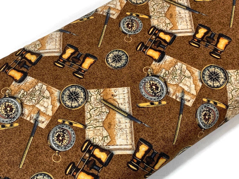 World Traveler Print Fabric Sold by the YARD. Expedition Pathfinder Travel Print in Chocolate. 100% Cotton for Quilting, Apparel, Home Decor