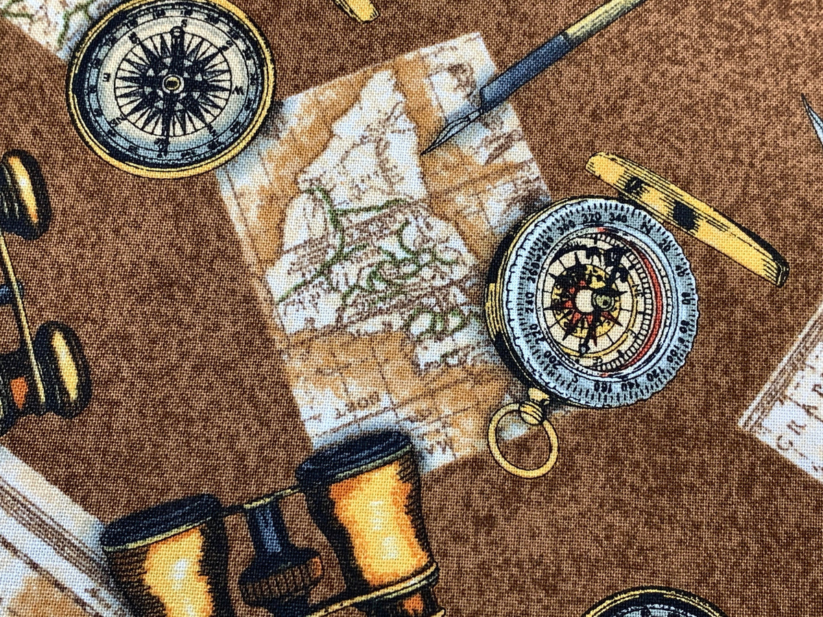 World Traveler Print Fabric Sold by the YARD. Expedition Pathfinder Travel Print in Chocolate. 100% Cotton for Quilting, Apparel, Home Decor