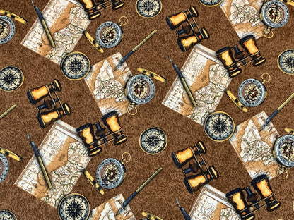 World Traveler Print Fabric Sold by the YARD. Expedition Pathfinder Travel Print in Chocolate. 100% Cotton for Quilting, Apparel, Home Decor