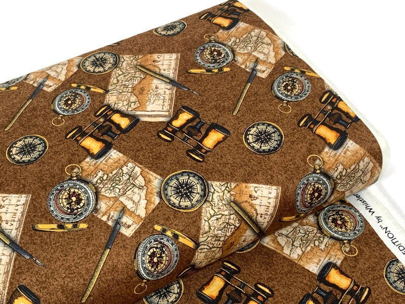 World Traveler Print Fabric Sold by the YARD. Expedition Pathfinder Travel Print in Chocolate. 100% Cotton for Quilting, Apparel, Home Decor
