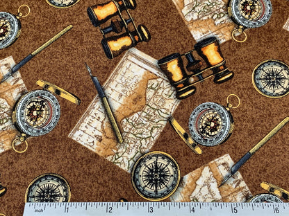 World Traveler Print Fabric Sold by the YARD. Expedition Pathfinder Travel Print in Chocolate. 100% Cotton for Quilting, Apparel, Home Decor