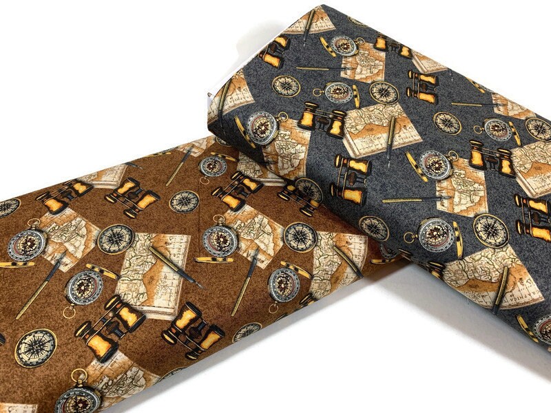 World Traveler Print Fabric Sold by the YARD. Expedition Pathfinder Travel Print in Chocolate. 100% Cotton for Quilting, Apparel, Home Decor