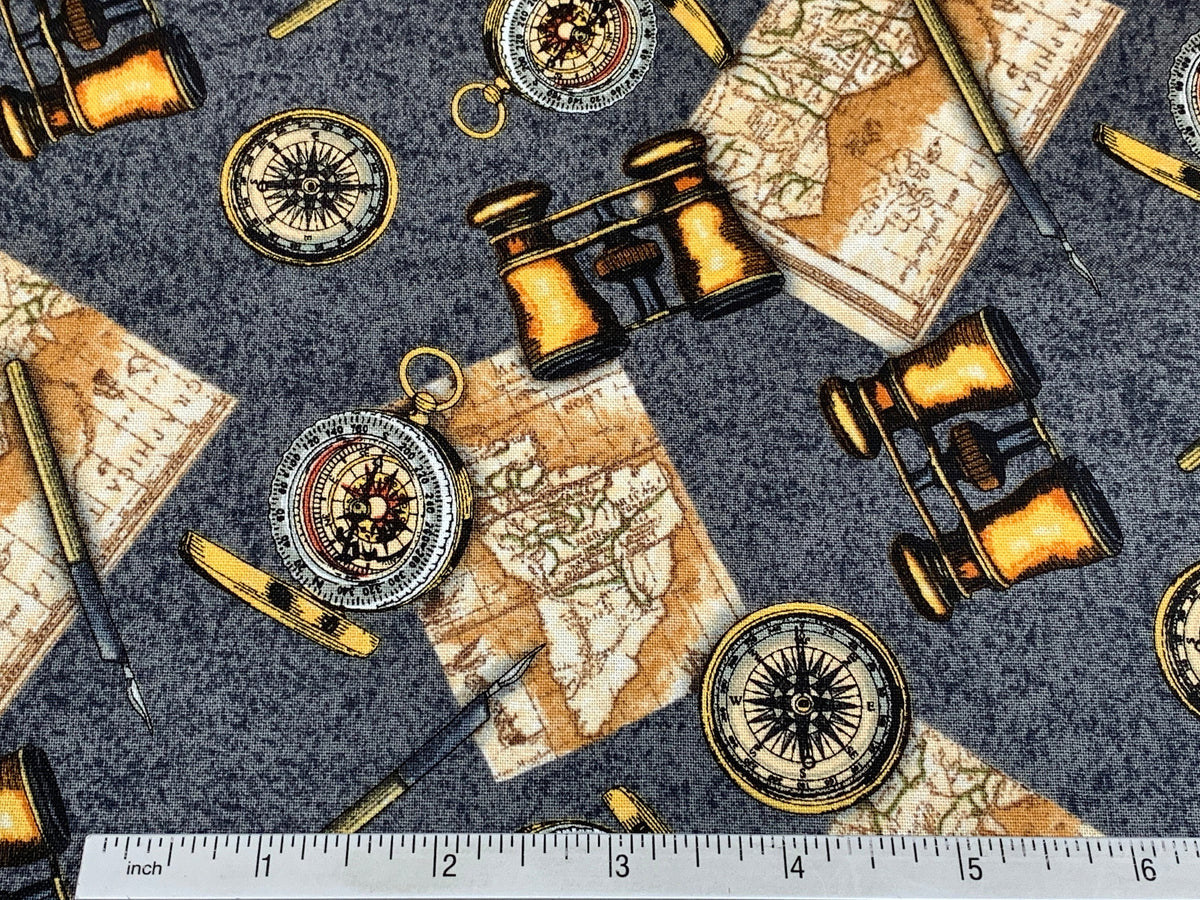 World Traveler Print Fabric Sold by the YARD. Expedition Pathfinder Travel Print in Slate Gray. 100% Cotton for Quilting, Apparel, Decor.