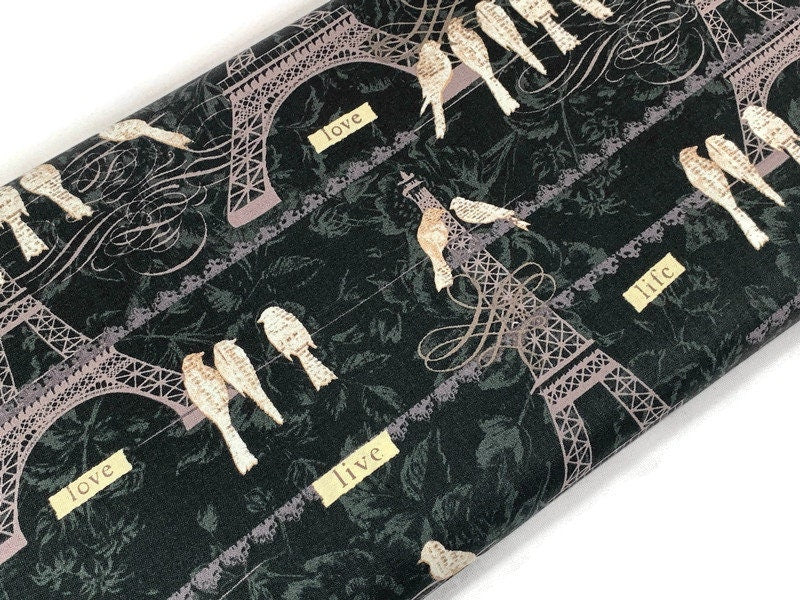 Paris, France Eiffel Tower, Birds on a Wire Fabric Sold by the YARD. Black White Gray Taupe 100% Cotton Fabric for quilting, apparel, decor.