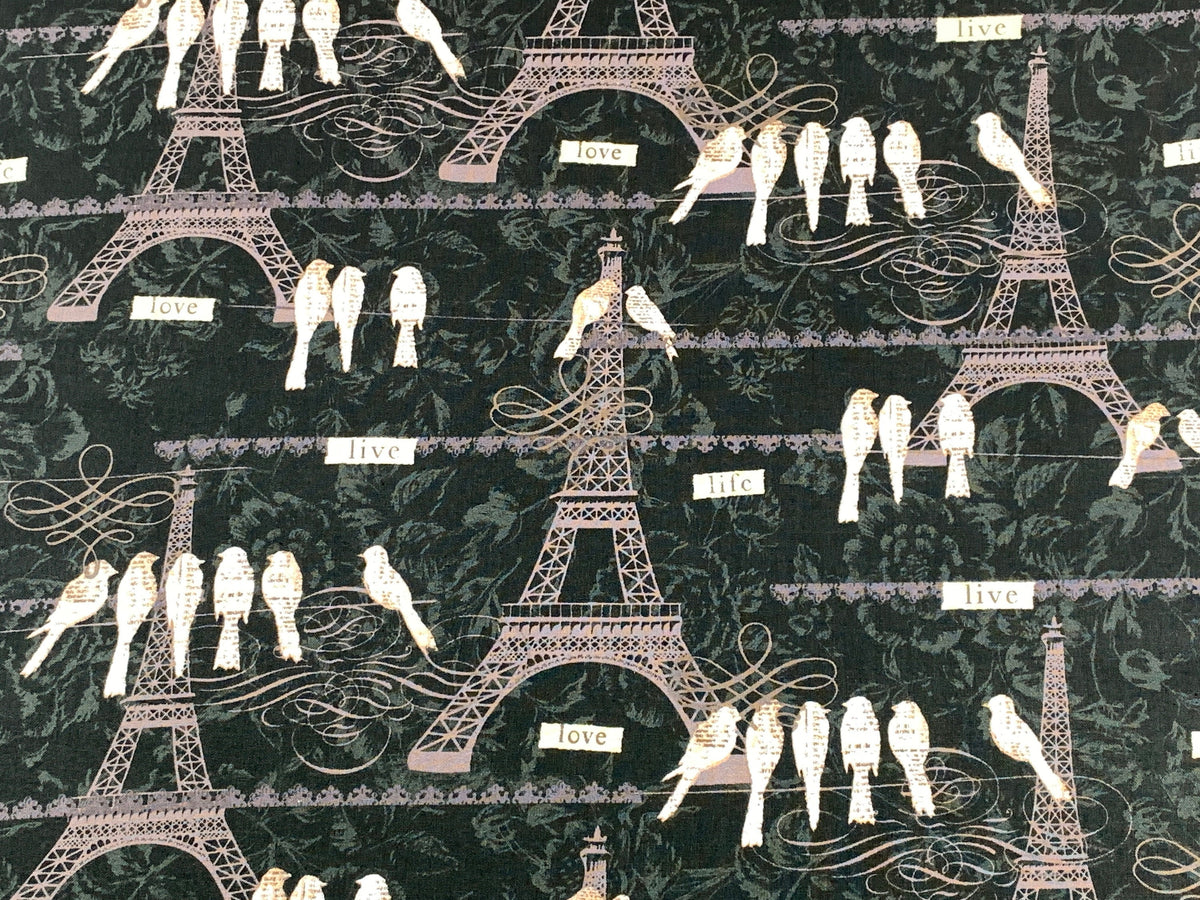 Paris, France Eiffel Tower, Birds on a Wire Fabric Sold by the YARD. Black White Gray Taupe 100% Cotton Fabric for quilting, apparel, decor.