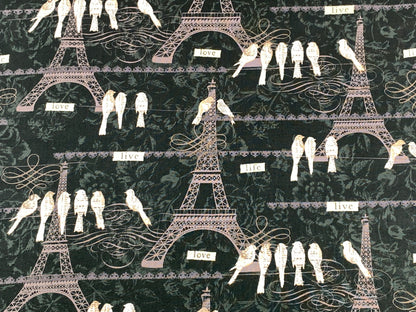 Paris, France Eiffel Tower, Birds on a Wire Fabric Sold by the YARD. Black White Gray Taupe 100% Cotton Fabric for quilting, apparel, decor.
