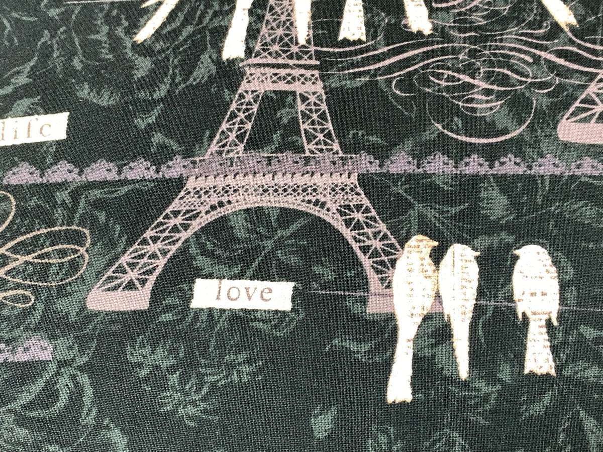 Paris, France Eiffel Tower, Birds on a Wire Fabric Sold by the YARD. Black White Gray Taupe 100% Cotton Fabric for quilting, apparel, decor.