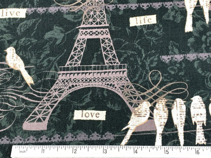 Paris, France Eiffel Tower, Birds on a Wire Fabric Sold by the YARD. Black White Gray Taupe 100% Cotton Fabric for quilting, apparel, decor.