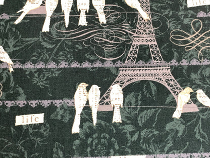 Paris, France Eiffel Tower, Birds on a Wire Fabric Sold by the YARD. Black White Gray Taupe 100% Cotton Fabric for quilting, apparel, decor.