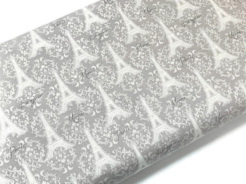 Eiffel Tower Gray on Gray Fabric Sold by the YARD. Paris, Merci Bonjour with Lacy Fleur De Lis. 100% Cotton Fabric for Quilting, Home Décor.