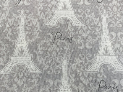 Eiffel Tower Gray on Gray Fabric Sold by the YARD. Paris, Merci Bonjour with Lacy Fleur De Lis. 100% Cotton Fabric for Quilting, Home Décor.
