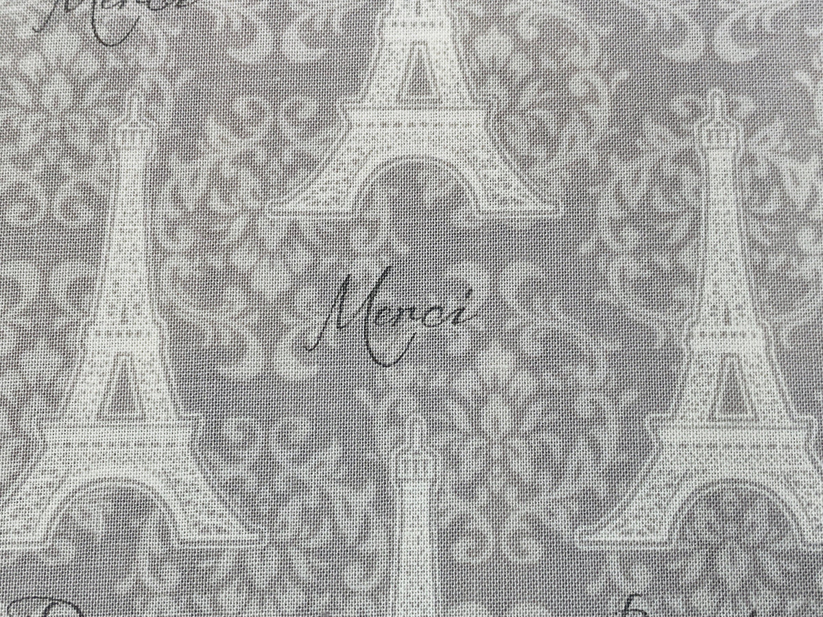 Eiffel Tower Gray on Gray Fabric Sold by the YARD. Paris, Merci Bonjour with Lacy Fleur De Lis. 100% Cotton Fabric for Quilting, Home Décor.