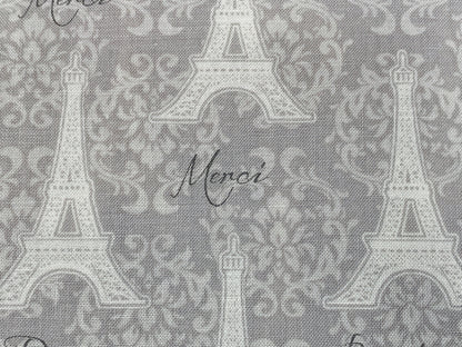 Eiffel Tower Gray on Gray Fabric Sold by the YARD. Paris, Merci Bonjour with Lacy Fleur De Lis. 100% Cotton Fabric for Quilting, Home Décor.