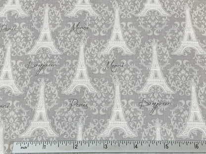 Eiffel Tower Gray on Gray Fabric Sold by the YARD. Paris, Merci Bonjour with Lacy Fleur De Lis. 100% Cotton Fabric for Quilting, Home Décor.