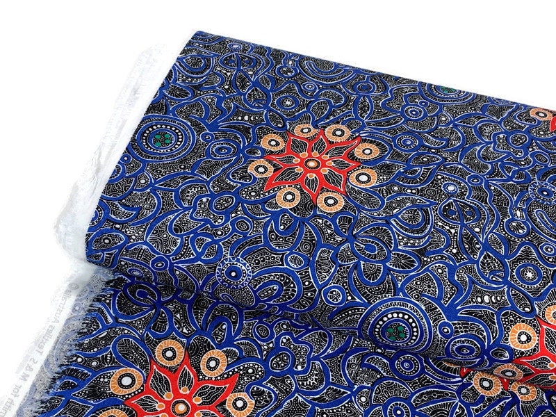 Australian Aboriginal Cotton Quilting Fabric by the YARD. M&S Textiles Yallaroo Blue. 100% Cotton for quilting, apparel, and home décor.