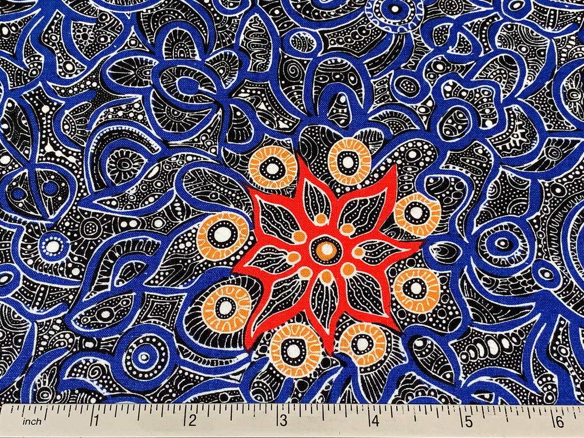Australian Aboriginal Cotton Quilting Fabric by the YARD. M&S Textiles Yallaroo Blue. 100% Cotton for quilting, apparel, and home décor.