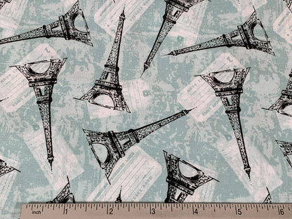 Paris, France--Tossed Eiffel Tower. Mint Green Fabric Sold by the YARD. World Traveler 100% Cotton Fabric for quilting, apparel, home décor