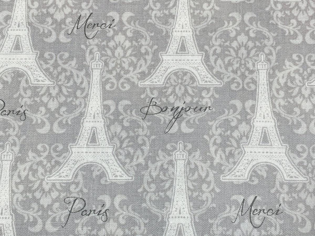 Eiffel Tower Gray on Gray Fabric Sold by the YARD. Paris, Merci Bonjour with Lacy Fleur De Lis. 100% Cotton Fabric for Quilting, Home Décor.