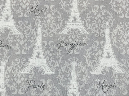 Eiffel Tower Gray on Gray Fabric Sold by the YARD. Paris, Merci Bonjour with Lacy Fleur De Lis. 100% Cotton Fabric for Quilting, Home Décor.