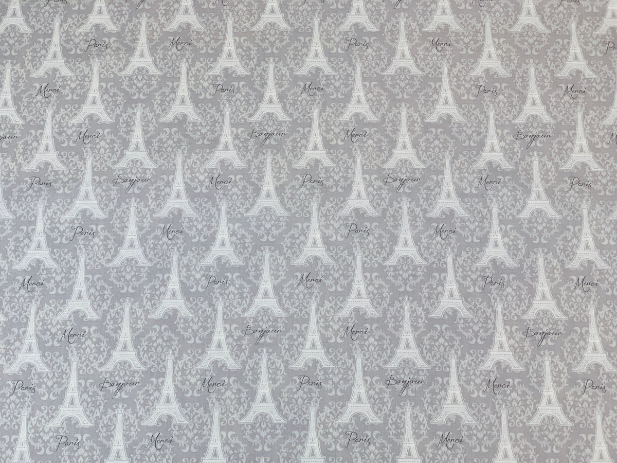 Eiffel Tower Gray on Gray Fabric Sold by the YARD. Paris, Merci Bonjour with Lacy Fleur De Lis. 100% Cotton Fabric for Quilting, Home Décor.