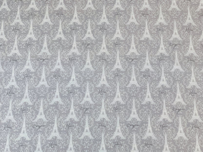 Eiffel Tower Gray on Gray Fabric Sold by the YARD. Paris, Merci Bonjour with Lacy Fleur De Lis. 100% Cotton Fabric for Quilting, Home Décor.