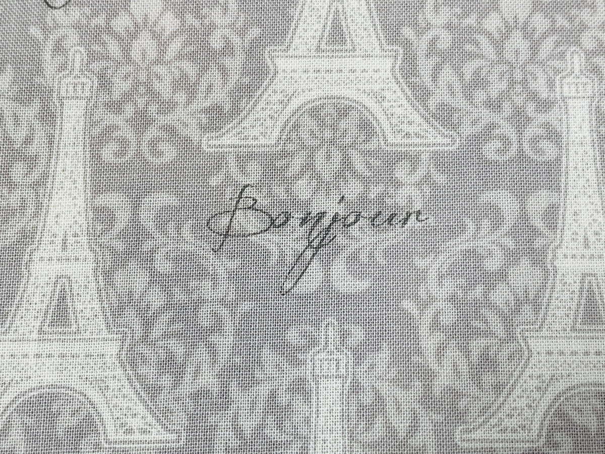 Eiffel Tower Gray on Gray Fabric Sold by the YARD. Paris, Merci Bonjour with Lacy Fleur De Lis. 100% Cotton Fabric for Quilting, Home Décor.
