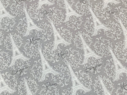 Eiffel Tower Gray on Gray Fabric Sold by the YARD. Paris, Merci Bonjour with Lacy Fleur De Lis. 100% Cotton Fabric for Quilting, Home Décor.