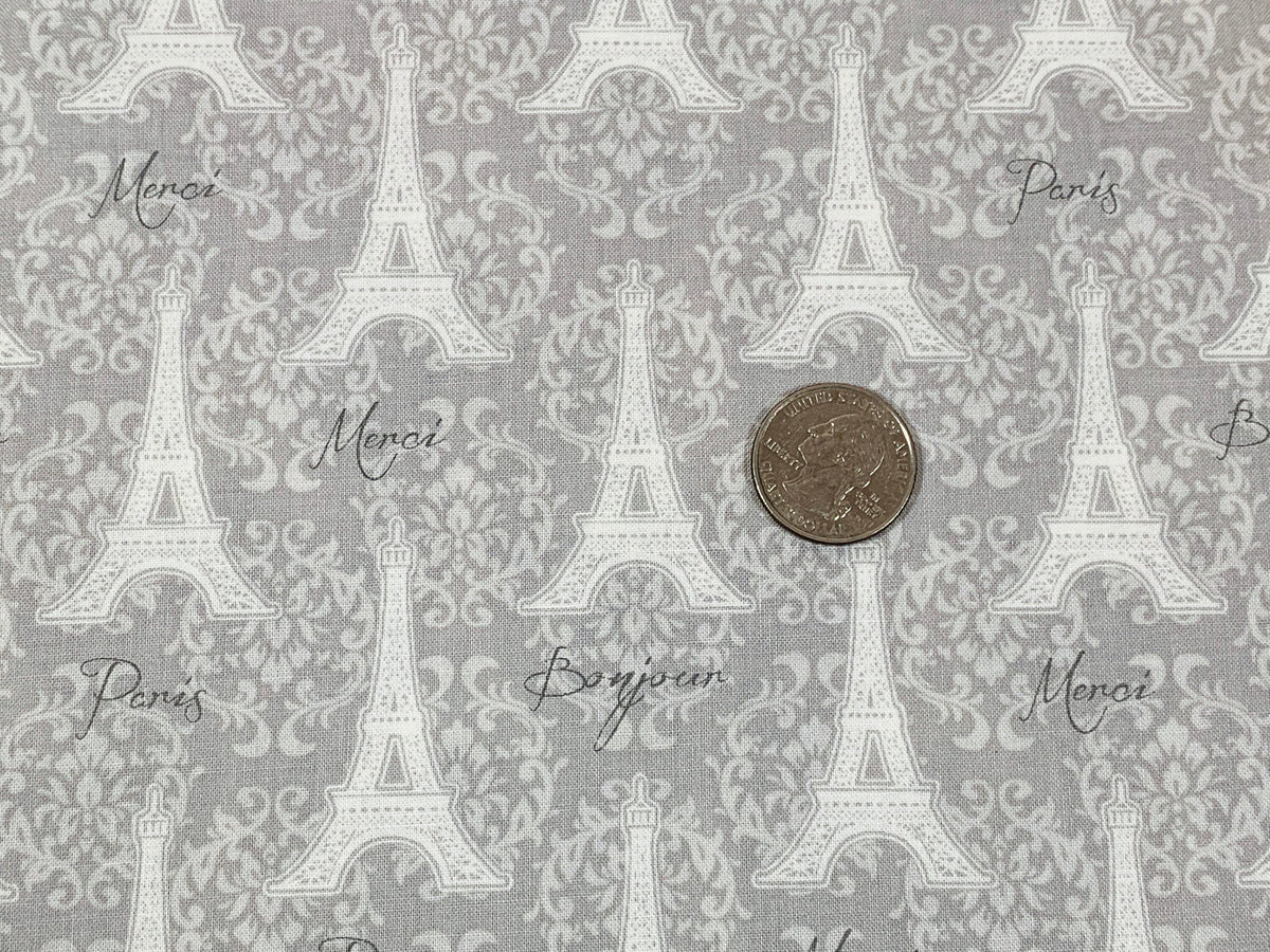 Eiffel Tower Gray on Gray Fabric Sold by the YARD. Paris, Merci Bonjour with Lacy Fleur De Lis. 100% Cotton Fabric for Quilting, Home Décor.