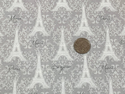 Eiffel Tower Gray on Gray Fabric Sold by the YARD. Paris, Merci Bonjour with Lacy Fleur De Lis. 100% Cotton Fabric for Quilting, Home Décor.