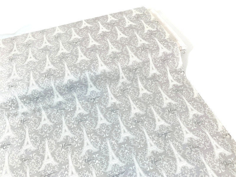 Eiffel Tower Gray on Gray Fabric Sold by the YARD. Paris, Merci Bonjour with Lacy Fleur De Lis. 100% Cotton Fabric for Quilting, Home Décor.