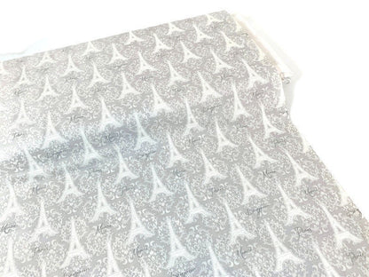 Eiffel Tower Gray on Gray Fabric Sold by the YARD. Paris, Merci Bonjour with Lacy Fleur De Lis. 100% Cotton Fabric for Quilting, Home Décor.
