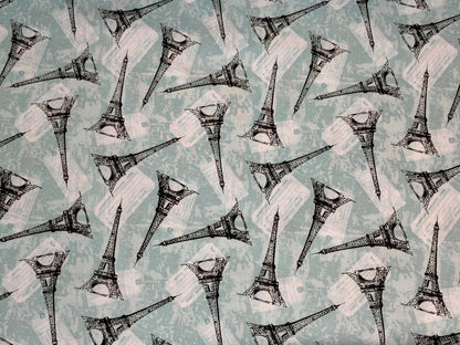 Paris, France--Tossed Eiffel Tower. Mint Green Fabric Sold by the YARD. World Traveler 100% Cotton Fabric for quilting, apparel, home décor