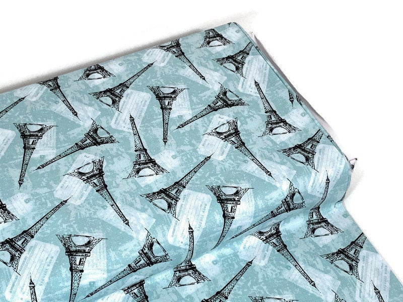 Paris, France--Tossed Eiffel Tower. Mint Green Fabric Sold by the YARD. World Traveler 100% Cotton Fabric for quilting, apparel, home décor